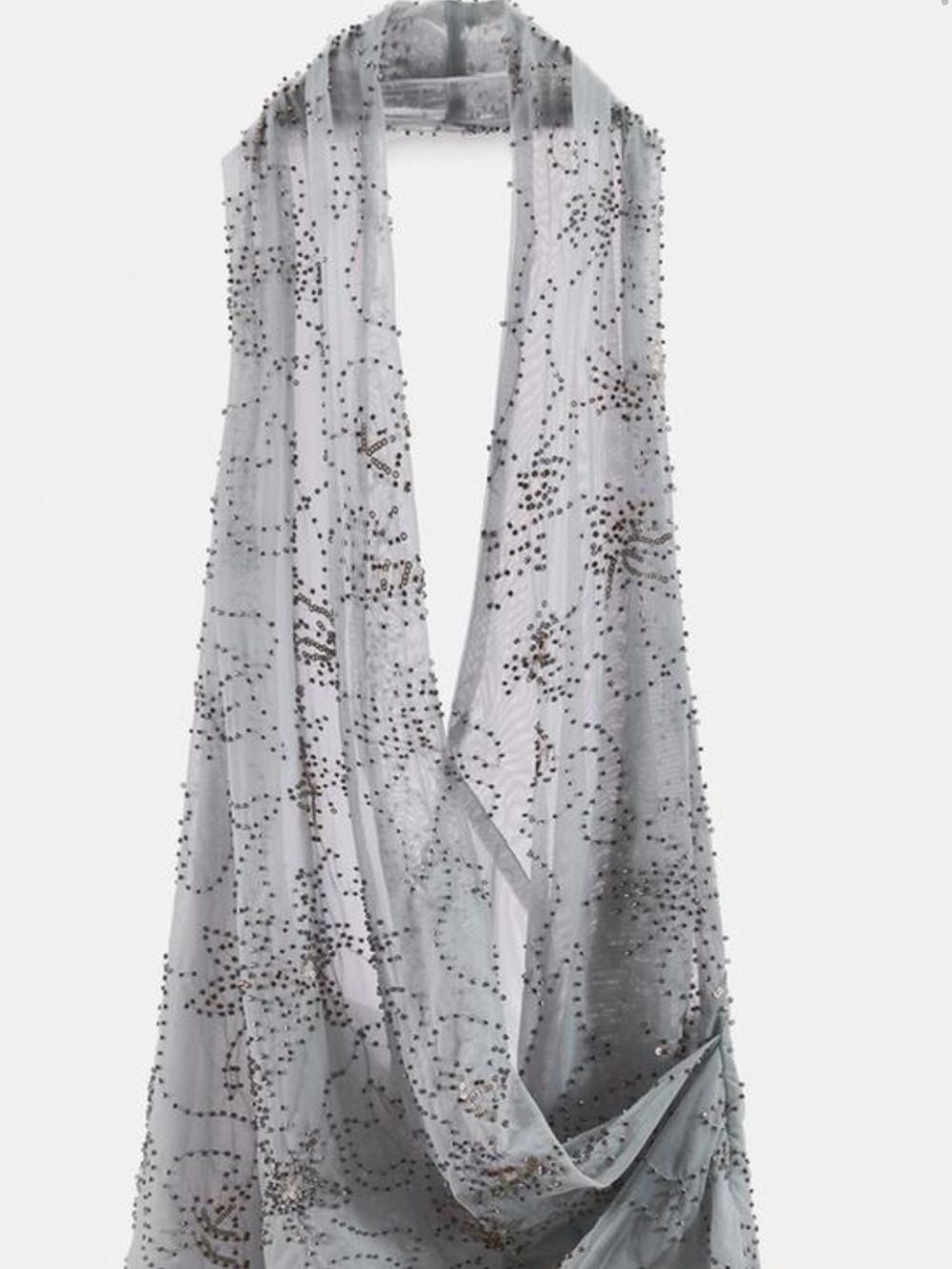 New With Tags - Zara Light Gray Beaded Draped Halter Top